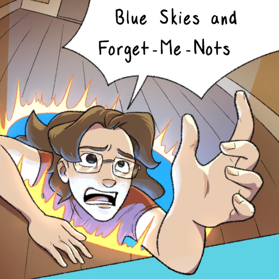 A preview for Blue Skies and Forget Me Nots, which shows the title in a speech bubble while one of the main characters falls through a portal in the floor. She has medium-length brown hair and a red shirt, and is reaching out for help.